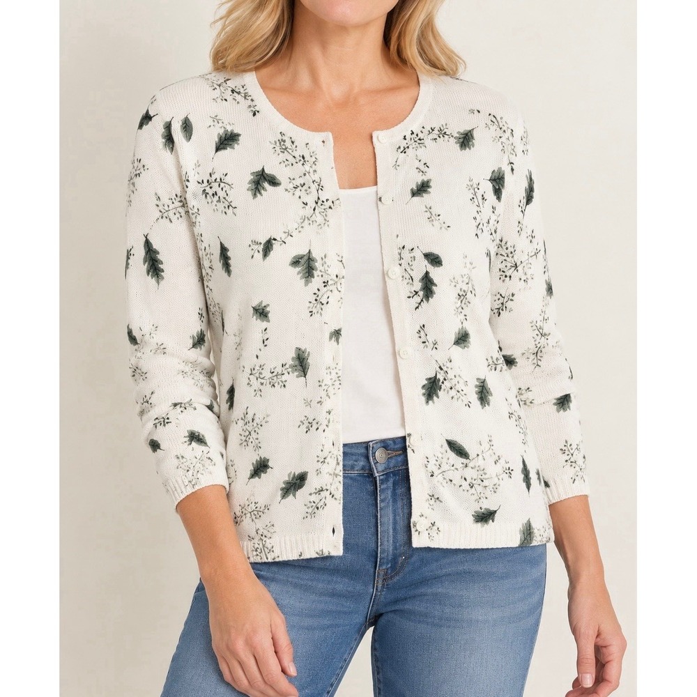Vintage Christopher & Banks Botanical Leaf Knit Cardigan Cottagecore Cozy Medium